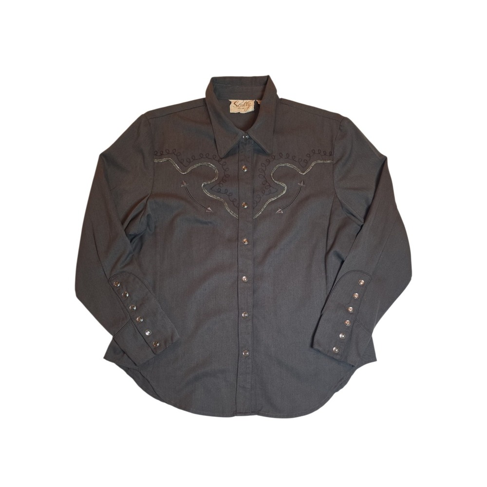 Scully Women's XL Western Shirt Brown Embroidered Pearl Snap Rockabilly Cowgirl
